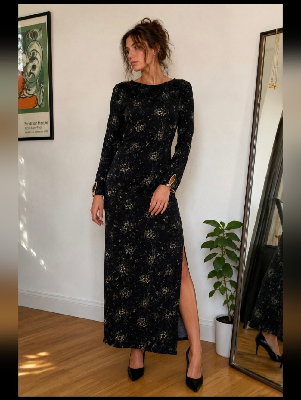 Vintage 90s Black Floral Maxi Dress Side Slit Keyhole Cuff